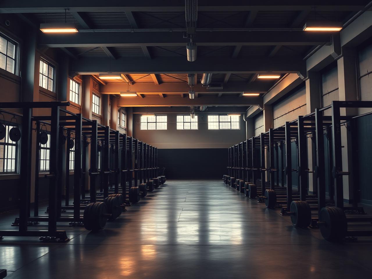 Ironforge gym floor with rows of squat racks